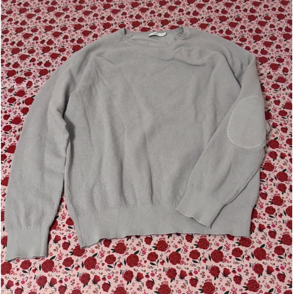 Onia Mens Waffle Knit Cotton Cashmere‎ Crewneck Sweater Grey Elbow Patches L v2